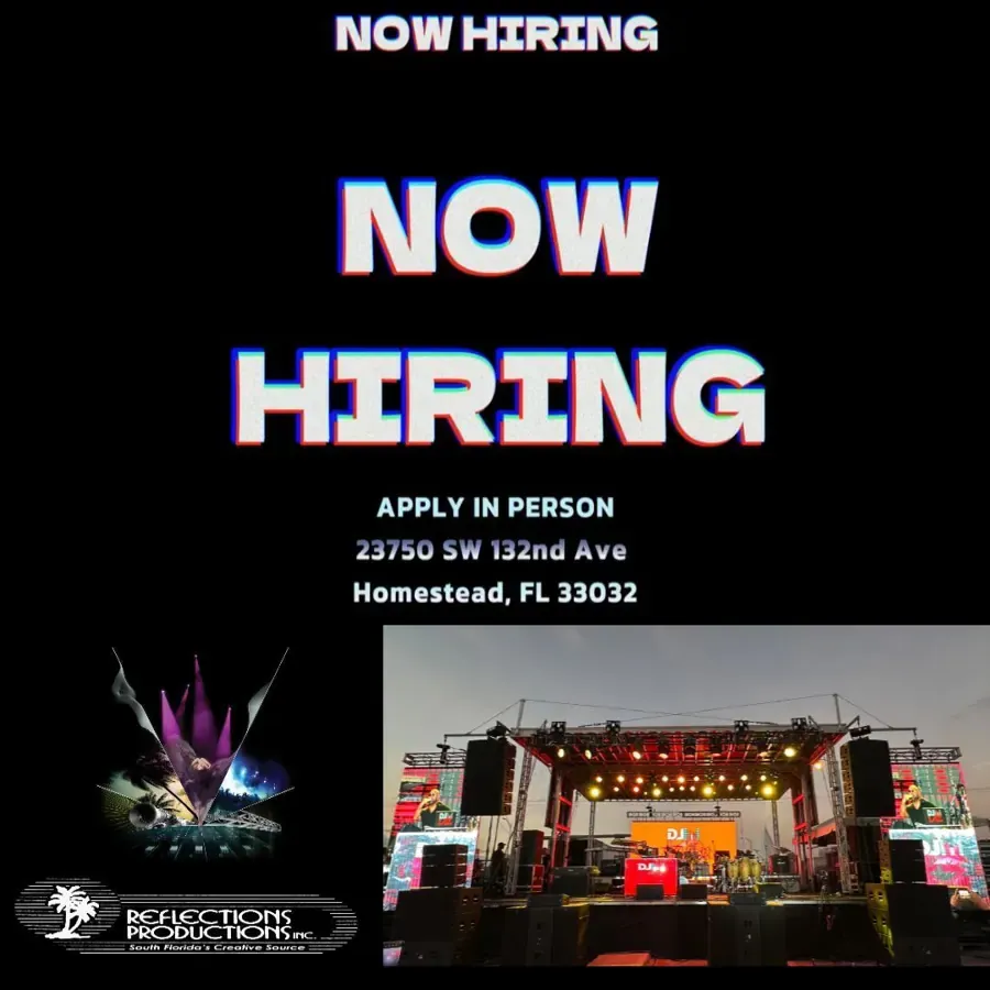 Reflections Productions Now Hiring flyer with a lit stage build