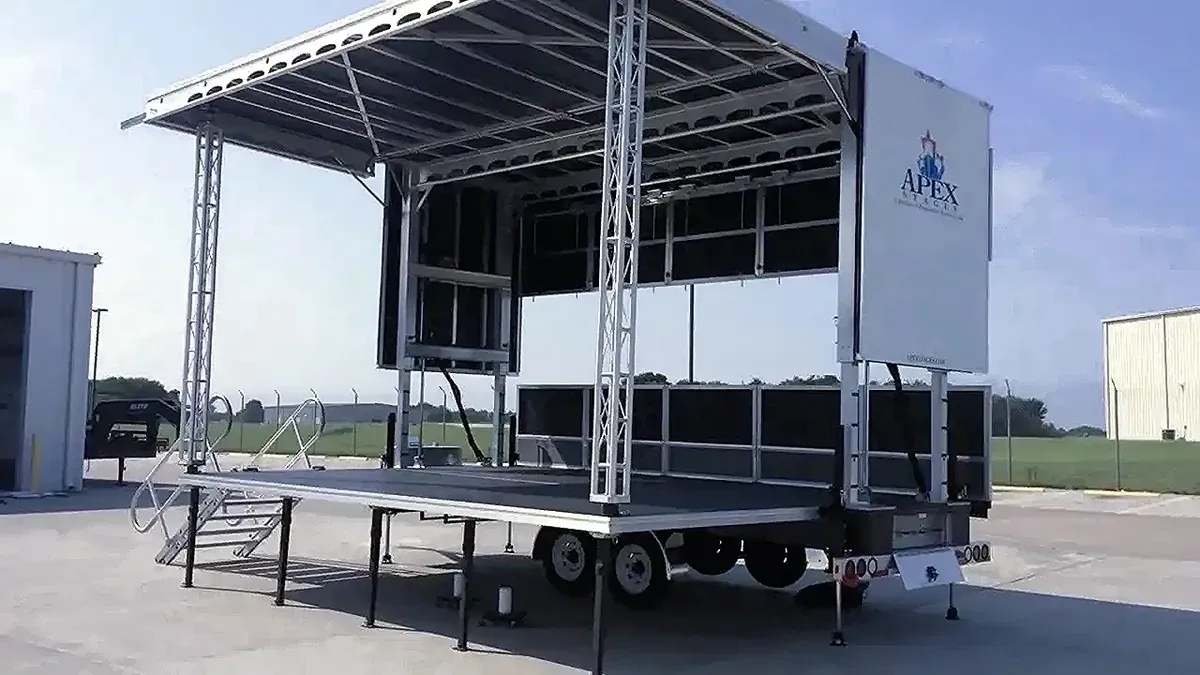 APEX 2016 stage in the yard with front opening and stairs deployed