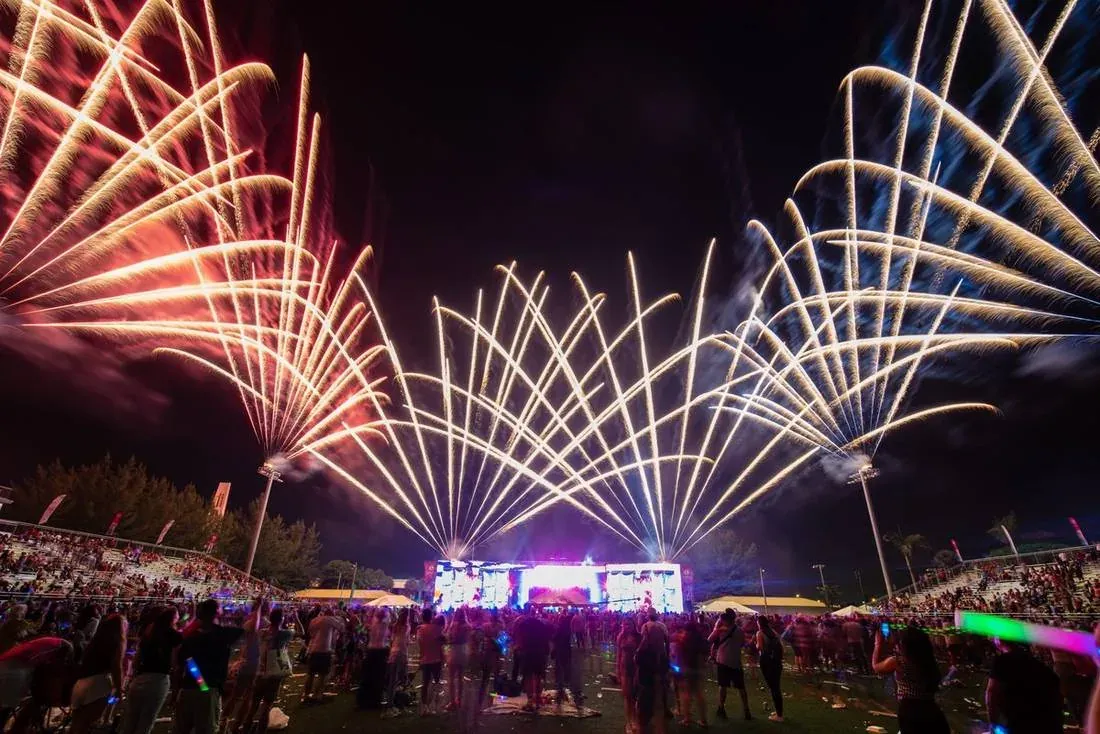 Fireworks bursting around the stage at the Hialeah 4th of July celebration